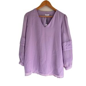 Calvin Klein Lilac Ruffle Long Sleeve V Neck Lined Slippery Blouse Top SZ Small